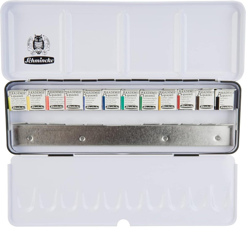 Schmincke - AKADEMIEÂ®AQUARELL watercolor box, basic assortment 12 x 1/2 pans + space for additional 12 pans, 75 412 097, metal box, fine artists' watercolors - Image 1